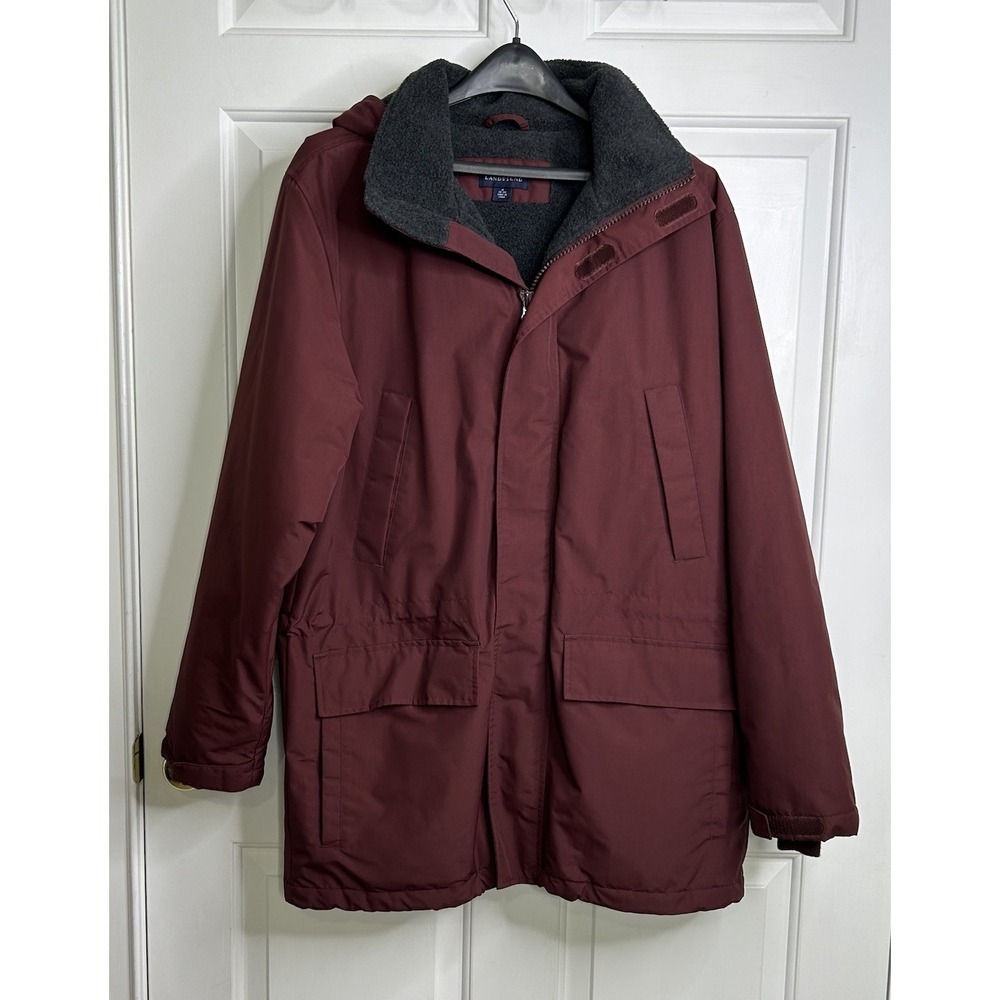 Lands' End Parka Winter Coat Mens Medium Polartec Detachable Hood Pockets Maroon